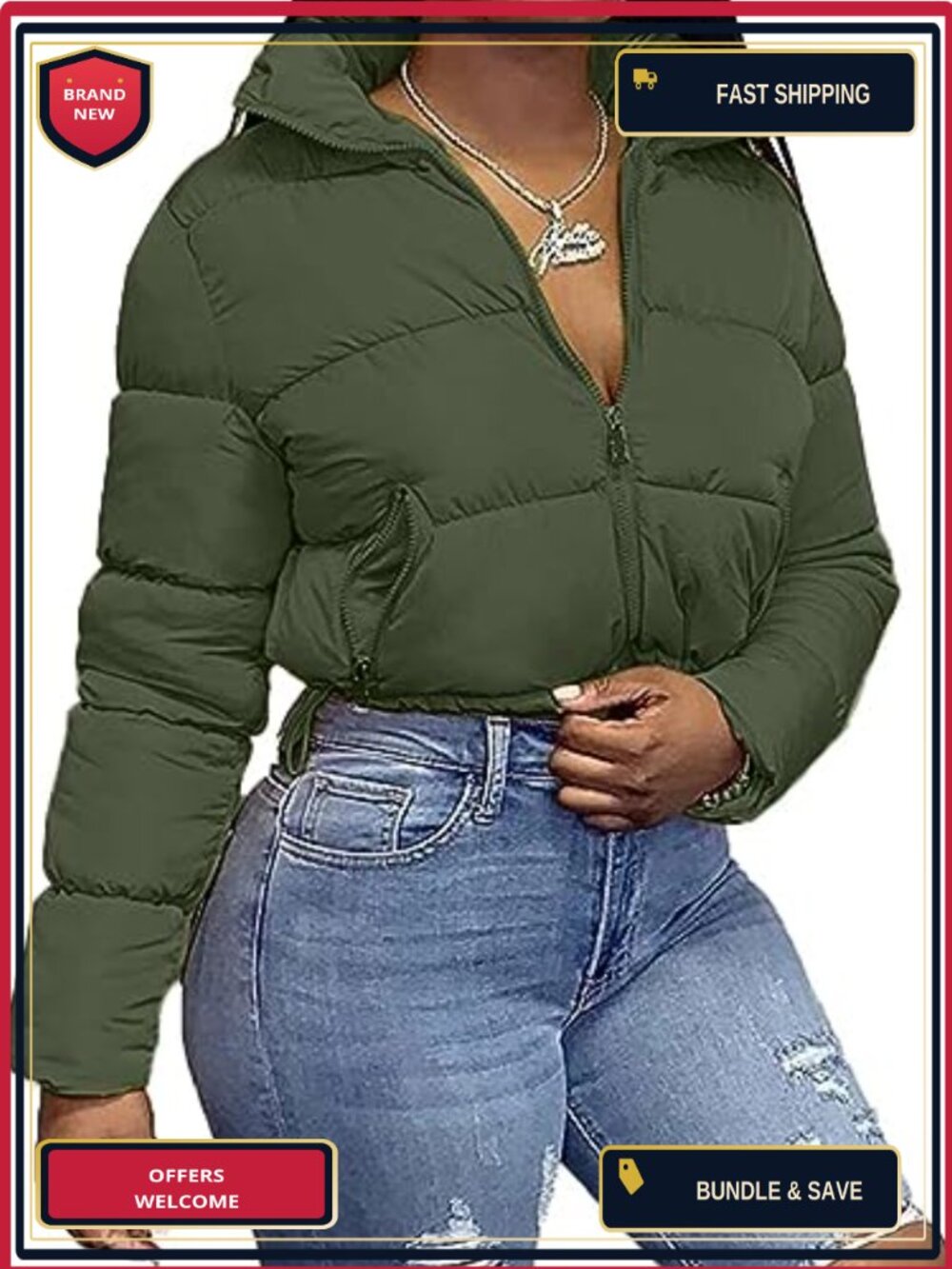 Women's Cropped Puffer Jacket Quilted Down Coat Full Zip Winter